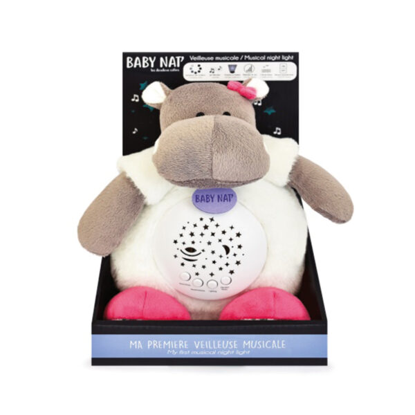 Veilleuse bébé Zoé, doudou lumineux, hippopotame, nouveau-né, boite à musique