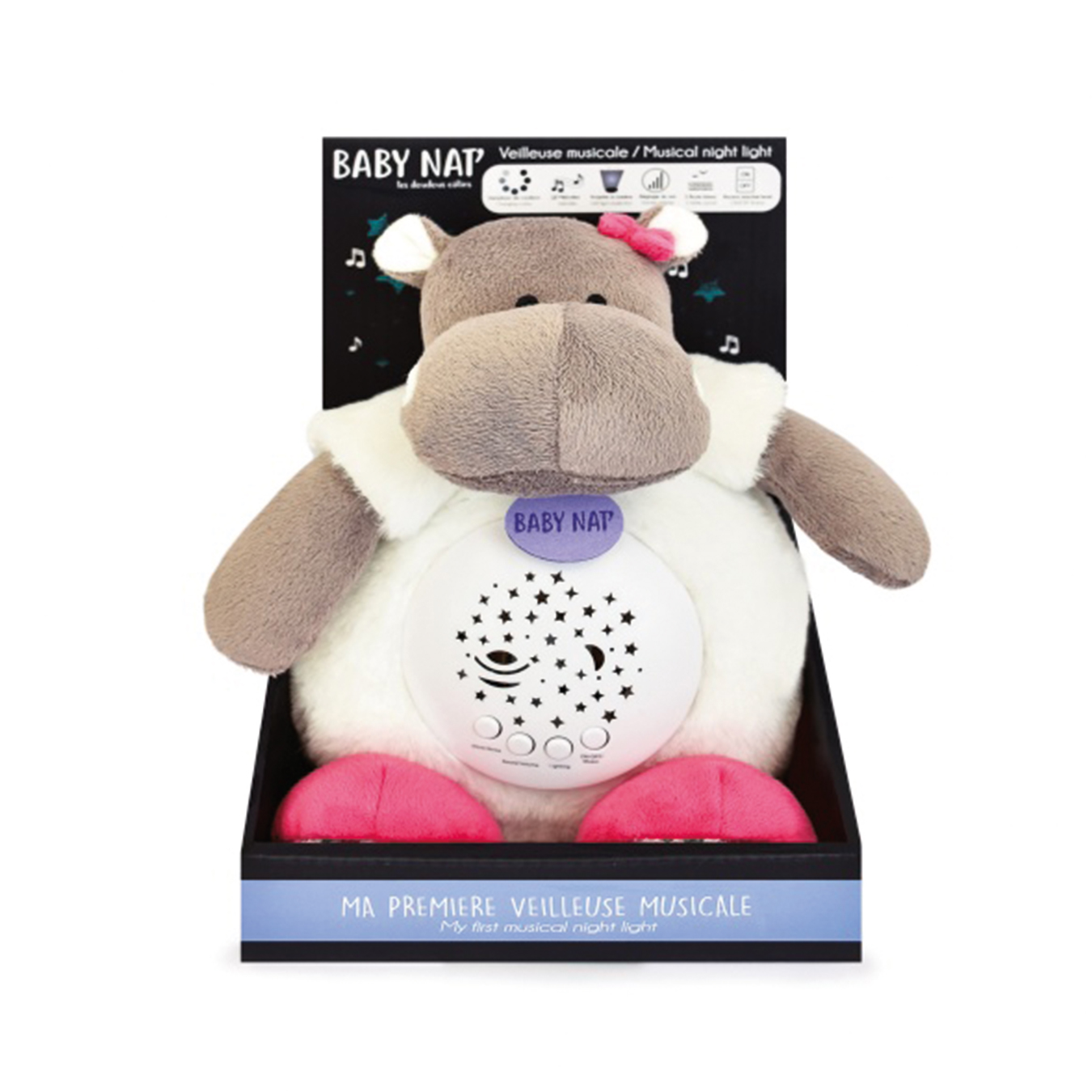 Veilleuse bébé Zoé, doudou lumineux, hippopotame, nouveau-né, boite à musique